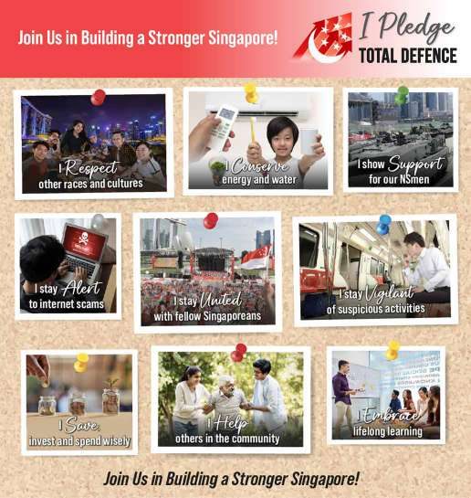 Grid of nine 'I Pledge Total Defence' campaign photos covering the six pillars of Total Defence.